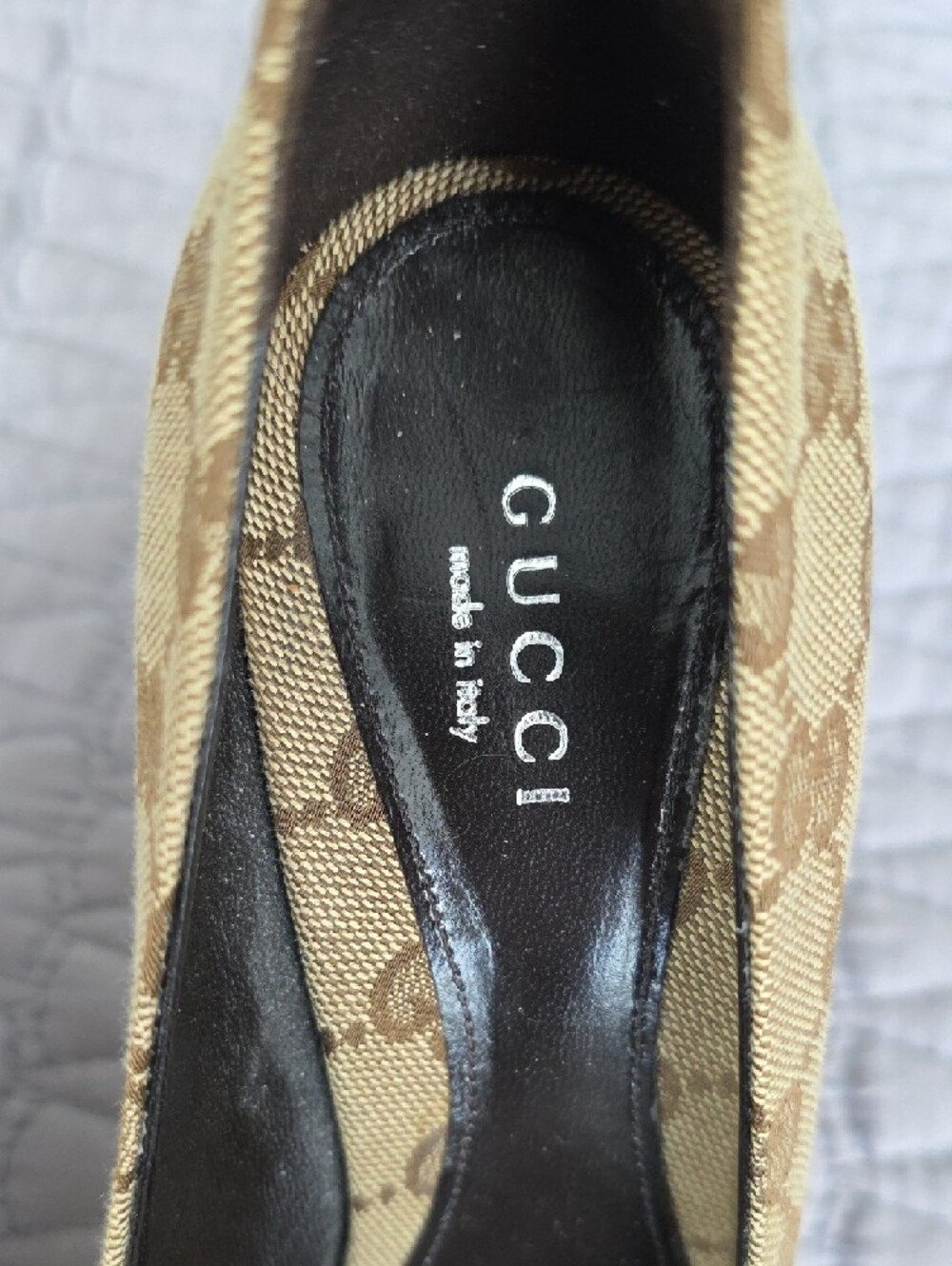 Gucci Brown GG Canvas Peep-Toe Heels with Gold Horsebit - Picture 2 of 12